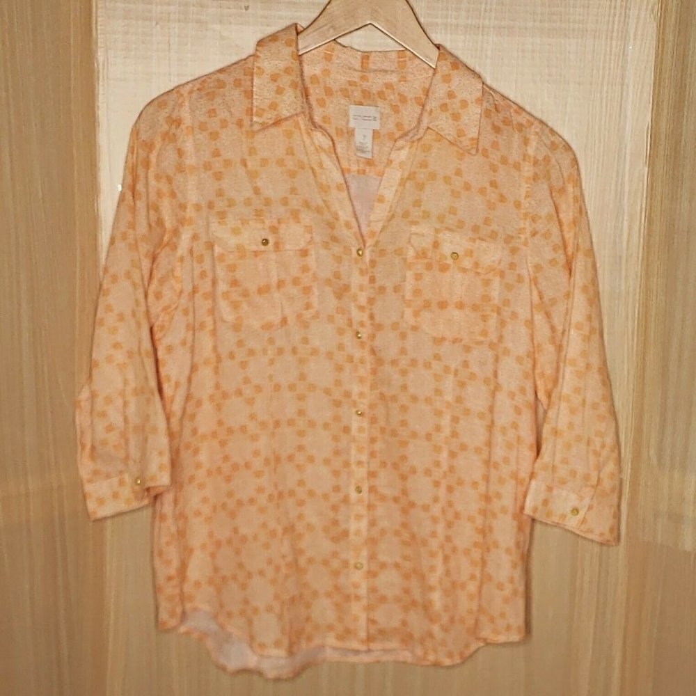 Chico's Womens Orange White 3/4 Sleeve Linen Button Down Small